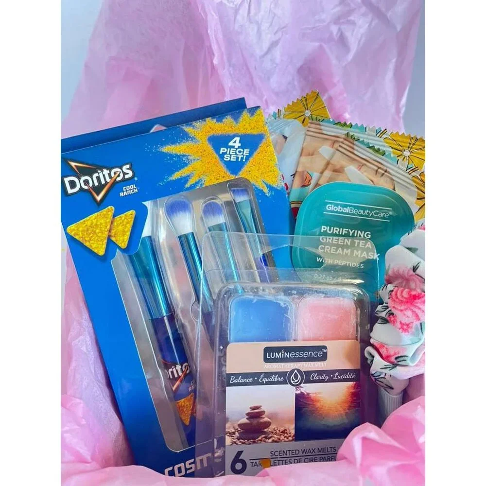 Doritos Gift Box W/ Brushes Green Tea Mask Wax Melts Scrunchie & Snacks Spa & Be